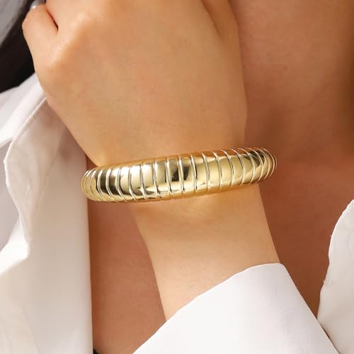 Chunky Geometric Textured Open Cuff Bangle Bracelet for Women Men Trendy Hammered Statement Cuff Bracelet Spiraled Oval Charm Cuff Bracelet Jewelry Gifts - color: Gold
