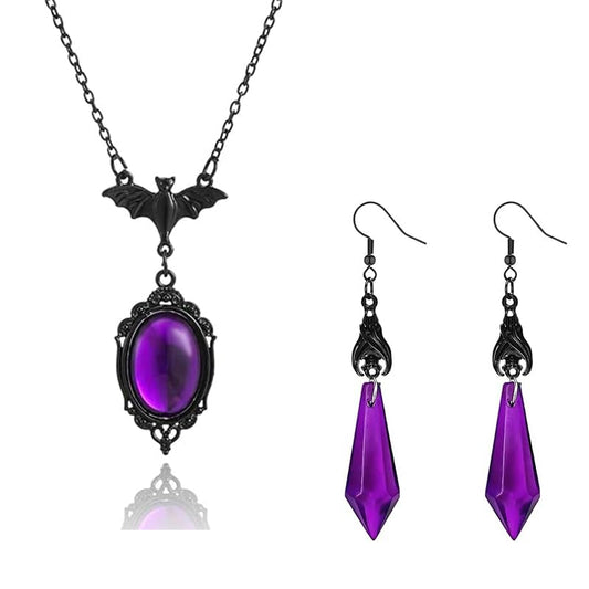 ONLYJUMP Gothic Vampire Bat Earrings Necklace Set for Women Vintage Goth Dark Bat Earrings Blood Pendant Necklaces Mystic Witch Halloween Costume Jewelry Gifts - style: Purple bat