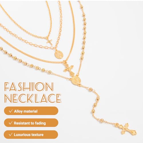 Layered Cross Necklace Set for Women, Layered Choker Necklaces Trendy Jewelry, Colorful Enamel Beaded Y-Shaped Lariat Necklace, Boho Multilayer Cross Necklace for Party and Daily Wear - color: Gold-05