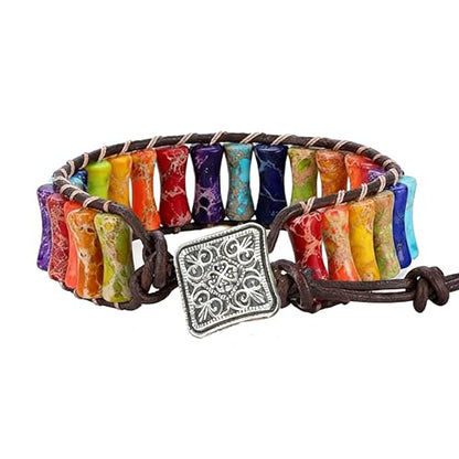 Plumiss Women Boho Handmade Natural Stone Crystal Leather Bead Wrap Bracelets Collection - style: Chakra Jasper -Ne