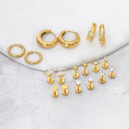 Stainless Steel Stud Earrings Set for Women Hypoallergenic Flat Back Cartilage Earrings Screw Back Huggie Hoop Earrings Multiple Piercing Cubic Zirconia Helix Tragus Jewelry - color: Set-A-14K Gold Plated