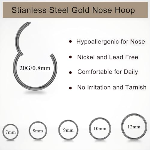 10Pcs Gold Nose Ring Hoop 18G/20G Clicker Nose Hoops Hypoallergenic Stainless Steel Nose Piercings Jewelry Gold Nose Jewelry Septum Helix Cartilage Lip Body Piercings for Women Men 7mm 8mm 9mm 10mm 12mm - color: Black and Silver-20G