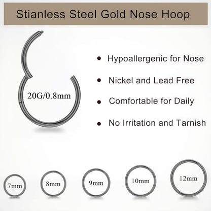 10Pcs Gold Nose Ring Hoop 18G/20G Clicker Nose Hoops Hypoallergenic Stainless Steel Nose Piercings Jewelry Gold Nose Jewelry Septum Helix Cartilage Lip Body Piercings for Women Men 7mm 8mm 9mm 10mm 12mm - color: Black and Silver-20G
