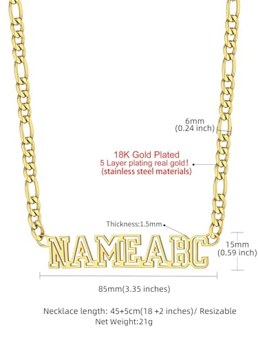 GoldChic JEWELRY Name Necklace Personalized for Men, Womens Custom Name Plate Chain, Stainless Steel Customized Old English Nameplate Choker with Curb Chains Custom, 16 inches to 30 inches - color: Figaro Chain 6 mm - Gold