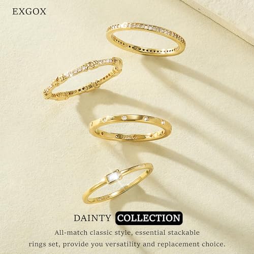 EXGOX Dainty Stackable Gold Rings - 14K Gold Plated, Non Tarnish Cubic Zirconia Stacking & Thumb Knuckle Rings (4pcs Size 7-11) - color: 4Pcs Thin Rings, size: 11
