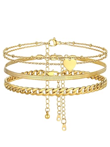 FOCALOOK Anklet Bracelets Set for Women, 14K Gold Plated Layered Anklet Set | Adjustable for Large Ankle, Cuban/Snake/Figaro/Paperclip Chain, Waterproof & Non Tarnish for Everyday Wear, Beach & Summer - color: B:3Pcs-Anklet Set-Gold