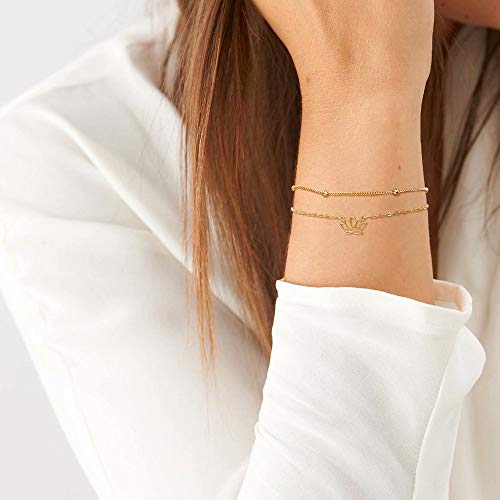 Dainty Gold Bracelets for Women, 14K Gold Plated Adjustable Layered Beads Bracelet Cute Evil Eye Oval Chain Pearl Bar Turtle Gold Bracelets for Women Jewelry - style: Lotus&Beads Chain