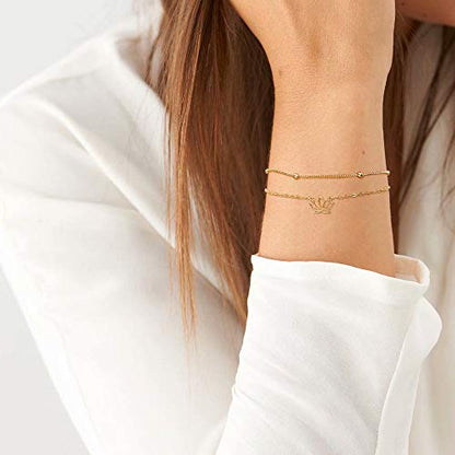 Dainty Gold Bracelets for Women, 14K Gold Plated Adjustable Layered Beads Bracelet Cute Evil Eye Oval Chain Pearl Bar Turtle Gold Bracelets for Women Jewelry - style: Lotus&Beads Chain