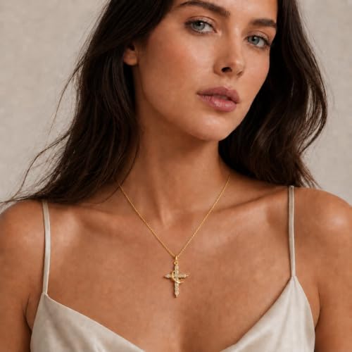 Cross Necklace for Women, Gold Plated Round Pendant with Cubic Zirconia - color: Gold