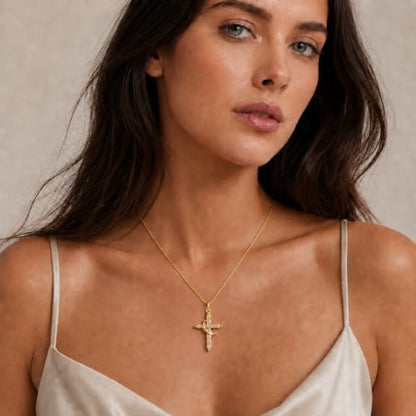 Cross Necklace for Women, Gold Plated Round Pendant with Cubic Zirconia - color: Gold