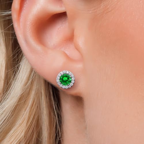 Gem Stone King 14K White Gold 6MM Round Gemstone Birthstone Stud Earrings with Removable Jackets and Lab Grown Diamond Accents | Gold Earrings For Women | Fine Jewelry Gift for Her Mom Women Wife - color: Created Emerald-May