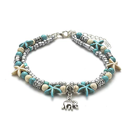 Starain Blue Turtle Anklets for Women Multilayer Beads Handmade Beach Ankle Bracelet Set Boho Foot Jewelry - color: Elephant Beaded Anklet
