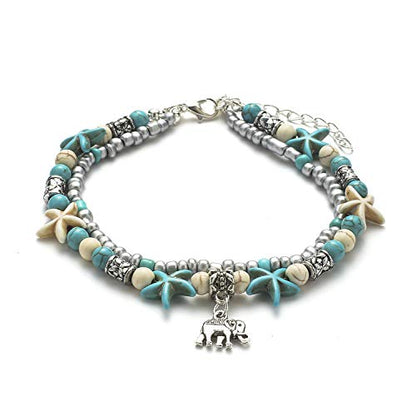 Starain Blue Turtle Anklets for Women Multilayer Beads Handmade Beach Ankle Bracelet Set Boho Foot Jewelry - color: Elephant Beaded Anklet