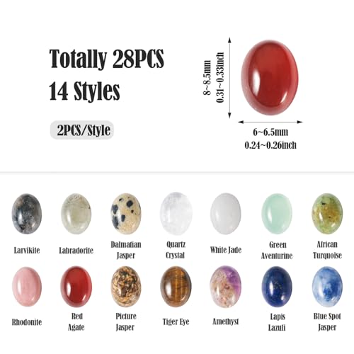 KISSITTY 28Pcs Gemstone Cabochons 14 Styles 6×8mm Round Oval Gemstones Cabochon Semi-Precious Natural Gems Crystal Stones Cabochons For Jewelry Making Bracelet Necklace Earring Pendant