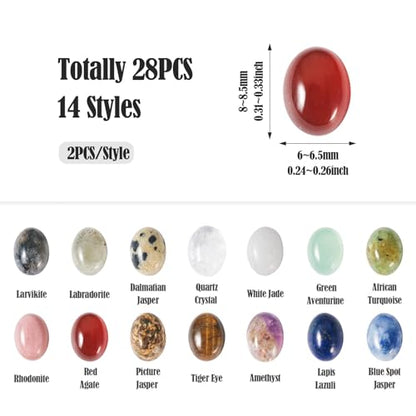 KISSITTY 28Pcs Gemstone Cabochons 14 Styles 6×8mm Round Oval Gemstones Cabochon Semi-Precious Natural Gems Crystal Stones Cabochons For Jewelry Making Bracelet Necklace Earring Pendant
