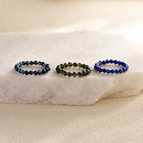 NLIEO Handmade Natural Gemstone Crystal Beaded Stretch Band Ring for Women | Handmade, 3mm Natural Stone, Size 7-12, Stretchy, Beaded Jewelry, Green Bead Rings, Trendy Jewelry Gift - style: Lapis Lazuli