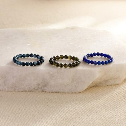 NLIEO Handmade Natural Gemstone Crystal Beaded Stretch Band Ring for Women | Handmade, 3mm Natural Stone, Size 7-12, Stretchy, Beaded Jewelry, Green Bead Rings, Trendy Jewelry Gift - style: Lapis Lazuli