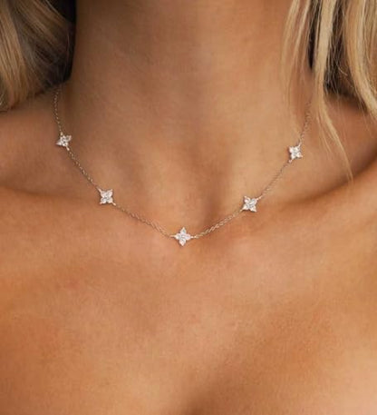 Dainty Silver Gold Necklaces for Women Cute Station Choker Simulated Diamond Necklace Simple Layering CZ Necklace Trendy Jewelry Gifts - color: Silver, style: Flower