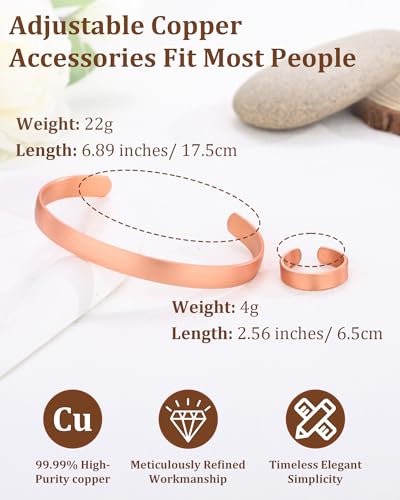 BioMag Pure Copper Bracelet & Ring for Women Men, 99.99% Solid Handmade Copper Cuff Bangle, Adjustable Jewelry Gift with Gift Box - color: Rose Gold (Matte)