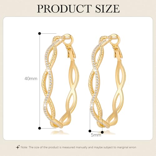 Gold Hoop Earrings for Women 14K Gold Earrings for Women | Twist CZ Gold Hoop Earrings 14K Gold Hoop Earrings Hypoallergenic Lightweight Gold Hoop Earrings for Women 20/25/30/40/50mm - size: 40MM