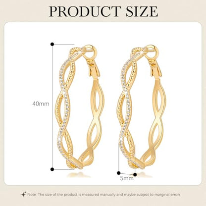 Gold Hoop Earrings for Women 14K Gold Earrings for Women | Twist CZ Gold Hoop Earrings 14K Gold Hoop Earrings Hypoallergenic Lightweight Gold Hoop Earrings for Women 20/25/30/40/50mm - size: 40MM