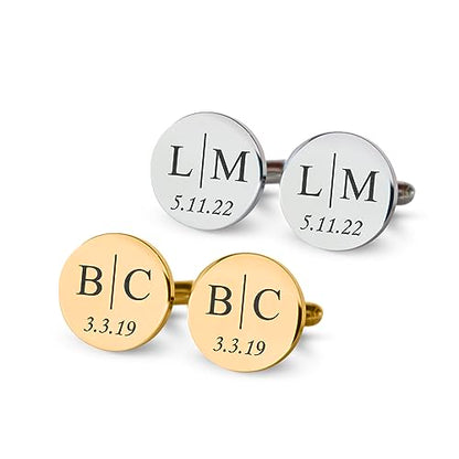 Custom engraved cufflinks for men, personalized wedding gift for groom, father of the bride & groom dad, best men, customized gold & silver cufflinks with dates, quotes or couples initials from bride - style: Initial | Initial