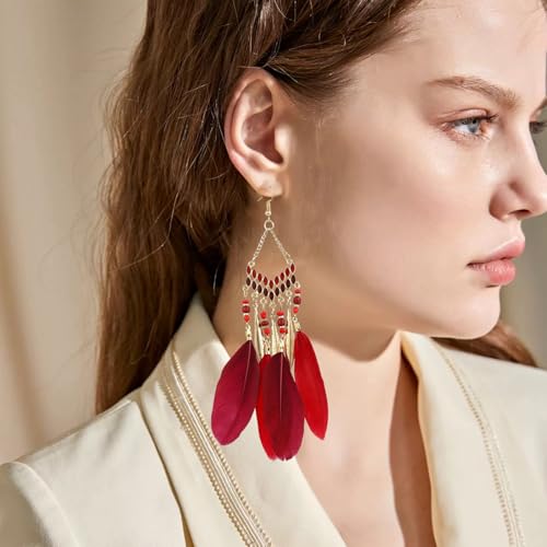 Faux Feather Fringe Tassel Long Dangle Earrings for Women | Bohemian Women Tassel Drop Jewelry - color: dark red