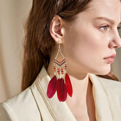 Faux Feather Fringe Tassel Long Dangle Earrings for Women | Bohemian Women Tassel Drop Jewelry - color: dark red