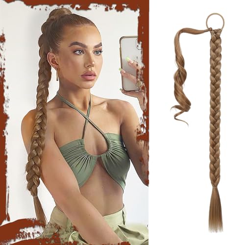 Long Braid Ponytail Extension with Hair Tie Straight Sleek Wrap Around Hair Extensions Braid Pony Tail Fluffy Natural Soft Synthetic Hairpieces for Women Daily Wear, 26 inch-Blonde Highlights - color: Dark Ash Blonde with Highlights, size: 26 Inch (Pack o