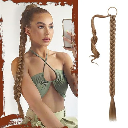 Long Braid Ponytail Extension with Hair Tie Straight Sleek Wrap Around Hair Extensions Braid Pony Tail Fluffy Natural Soft Synthetic Hairpieces for Women Daily Wear, 26 inch-Blonde Highlights - color: Dark Ash Blonde with Highlights, size: 26 Inch (Pack o