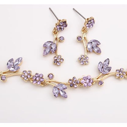 Brides Bridesmaid Flower Leaf Choker Necklace Dangle Earrings Link Bracelet Austrian Crystal Wedding Jewelry Set for Prom Costume Party Accessories for Woman - color: Violet-Gold Plated