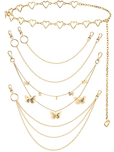 Jadive 5 Pieces Belt Chain Jeans Pants Pocket Waist Multi-Layer Hip Hop Metal Wallet Chain for Men Women - style: Butterfly, Heart, Gold