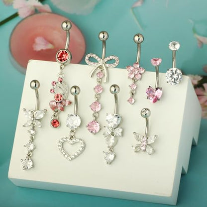 Suotarn 14G Belly Button ring Dangle Belly Rings Surgical Stainless Steel Cute Bow Butterfly Heart Flower Dangling Belly Button Piercing Jewelry For Women Silver Dainty Dangly Navel Ring - color: mix color