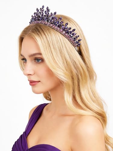 Bridal Rhinestone Headband Wedding Hair Accessories for Women, Pearl Crystal Headband Wedding Costume Headpieces for Brides Princess Quinceanera Christmas Party Prom Birthday(Purple) - color: Purple