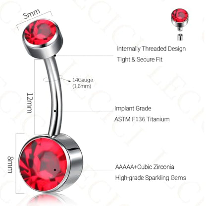 Titanium Floating Belly Button Rings 14G, ASTM F136 Implant-Grade Curved Barbell, Internal Thread with 6mm Teardrop Gems, Sparkle Navel Piercing Jewelry, 10mm/12mm Length - color: Silver-Red, size: 1/2"(12mm)