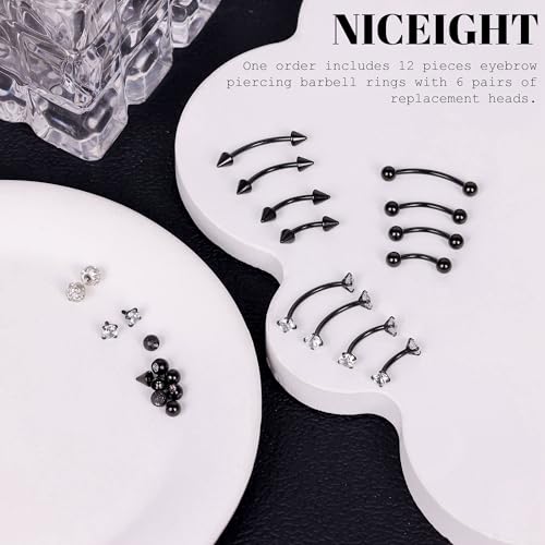 NICEIGHT 12Pcs 16G 18G Surgical Steel Eyebrow Piercing Jewelry for Women Men Small Curved Barbell Rings Vertical Labret Lip Jewelry Ear Rook Helix Daith Ring 6-12MM with 12Pcs Replacement Balls - color: Black, size: 16G