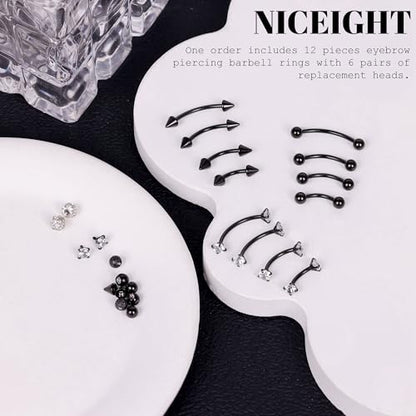 NICEIGHT 12Pcs 16G 18G Surgical Steel Eyebrow Piercing Jewelry for Women Men Small Curved Barbell Rings Vertical Labret Lip Jewelry Ear Rook Helix Daith Ring 6-12MM with 12Pcs Replacement Balls - color: Black, size: 16G