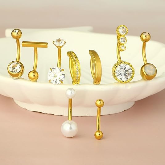 9 Pcs Pearl Belly Button Ring, Gold Belly Rings for Women | CZ Crystal Pearl Opal Belly Piercing Jewelry Surgical Stainless Steel Navel Piercing Rings Curved Barbells for Daily Wear