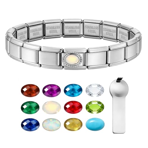 GEMOSA Birthstone Italian Charm Bracelet - 18 Links 9mm x 10mm Stainless Steel Base Bracelet with Birthstone Charm & Link Opener Tool, Polished Silver Finish Jewelry Gift Box Set for Women - color: 06-Jun-Moonstone