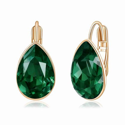 Austrian Crystal Teardrop Leverback Drop Earrings for Women | 14K Gold-Plated Finish, Sparkling Pear Stone, Smooth Bezel Frame, Secure Leverback Closure, Dainty Day-To-Evening Style - color: Emerald