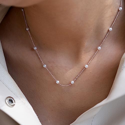 DIBOLA Dainty Pearl Necklaces for Women 14K Gold/Silver Plated Cute Single Pearl Necklace Elegant Small Tiny Pearl Choker Thin Chain Necklace Simple White Pearl Drop Y Long Necklace Freshwater Pearled Pendant Necklace Pearls Jewelry Gift - color: Satellit