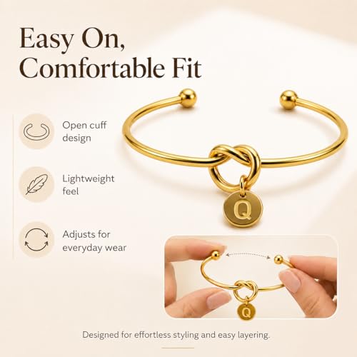 LemonRose Initial Bracelets for Women - Dainty Tie the Knot Letter A-Z 14K Gold Plated for Women Gold Cuff Bracelet for Womens Jewelry Personalized Bridesmaid Proposal Gifts - color: Gold Q