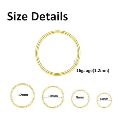 4/8Pcs 20G 18G 16G Nose Rings Hoops Surgical Steel | Nose Seamless Hinged Clicker Segment Septum Lip Rings Conch Tragus Cartilage Daith Rook Piercing Jewelry 6mm 8mm 10mm 12mm - color: Gold, size: 16G*(6/8/10/12mm)-8pcs