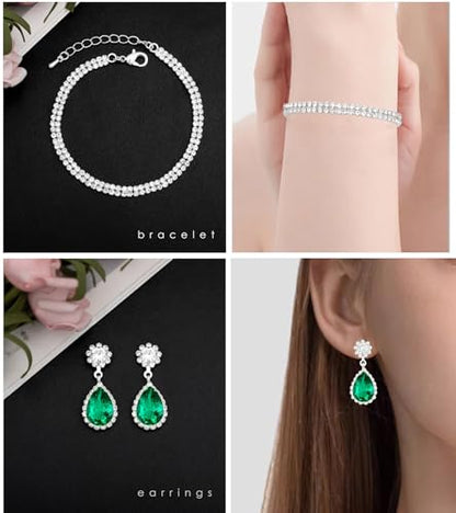 Elegant Silver Crystal Wedding Necklace Earrings Bracelet Jewelry Set for Women Brides Bridesmaids Prom Party Costume Accessory Bridal Jewelry - color: silver-emerald green