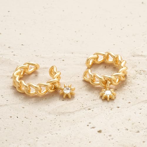 Women Ear Cuff Earring Gold Non Pierced Ear Cartilage Clip on Wrap Hoop 14K Gold Filled Tiny Boho Beach Simple Minimalist Delicate Handmade Hypoallergenic Jewelry Gift-Sold as Single/Pair - style: Chain Hoop with Starburst Dangle /Pair