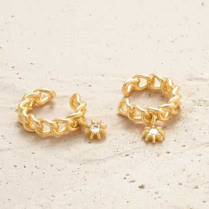 Women Ear Cuff Earring Gold Non Pierced Ear Cartilage Clip on Wrap Hoop 14K Gold Filled Tiny Boho Beach Simple Minimalist Delicate Handmade Hypoallergenic Jewelry Gift-Sold as Single/Pair - style: Chain Hoop with Starburst Dangle /Pair