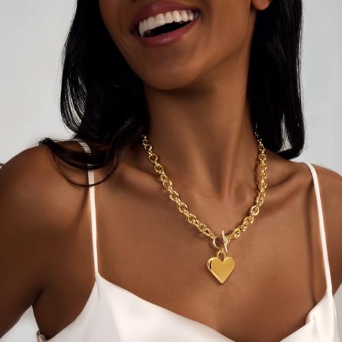 HERIER Cute Heart Necklace Dainty 18k Gold Plated Tiny Heart Pendant Choker Necklaces Small Gold Love Open Heart Chain Necklace for Women Simple Gold Necklace for Women Trendy Jewelry - color: Chunky Heart Necklace-Gold