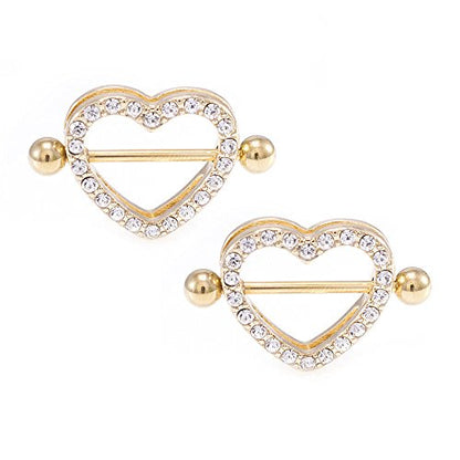 14G Stainless Steel CZ Paved Heart Nipple Rings Nipple Piercing Jewelry for Women 7/8 Inch 22mm - color: Gold IP - Clear CZ