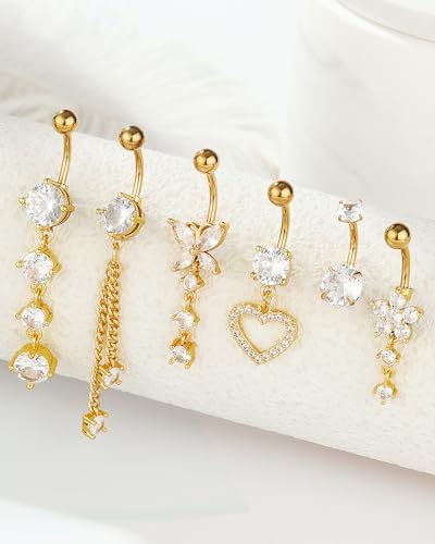 BSJ4U Belly Button Ring Gold Plated Silver CZ Belly Rings for Women Heart Butterfly Flower Dangle Navel Belly Button Piercing Jewelry - color: Gold Plated Belly Button Rings