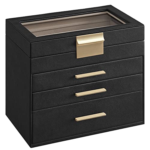 SONGMICS GISELLA Collection - Jewelry Box with Glass Lid, 4-Layer Jewelry Organizer, 3 Drawers, for Sunglasses, Big Jewelry, Jewelry Storage, Modern Style, Ink Black and Gold Colour UJBC161B02 - color: Ink Black + Gold, size: 4 Layer (6"d X 9.9"w)